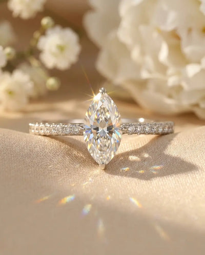 Moissanite Ring, 0.5ct Marquise Cut Dainty Pave Silver Engagement Ring for Women, Promise Gift for Her