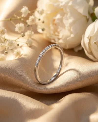 1.3mm Moissanite Pave Wedding Band β Dainty Sterling Silver Stacking Ring, Minimalist Anniversary Ring for Her