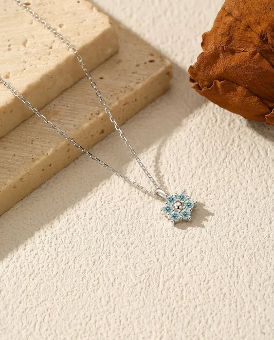 Aqua Blue Moissanite Flower Necklace - Six 2 mm Petals around a Polished Silver Bead, 925 Sterling Silver