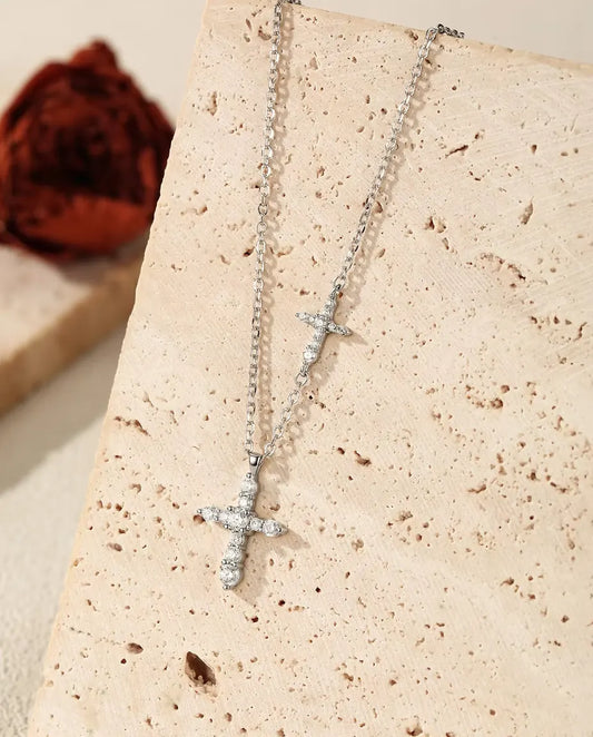 Double Cross Moissanite Necklace - Pave Cross Pendant with Sideways Cross Station, 925 Sterling Silver, 40+5 cm