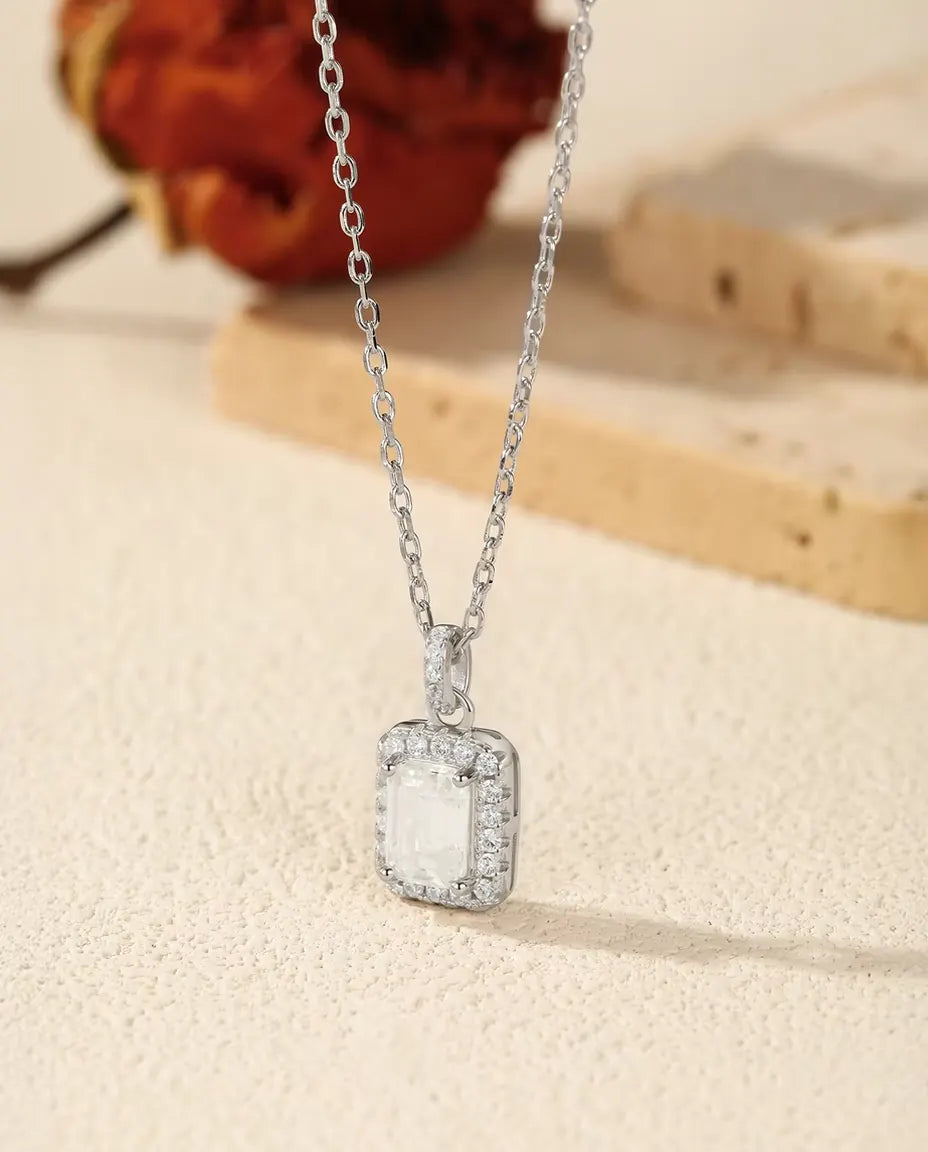 Emerald Cut Moissanite Jewellery Set in 925 Sterling Silver - Halo Pendant Necklace and Stud Earrings, 1 ct and 0.8 ct Centre Stones, Bridal Gift