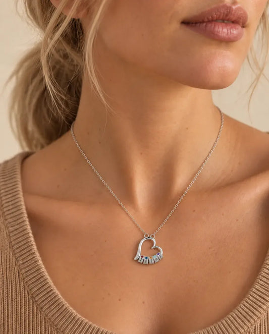 Open Heart Mother's Birthstone Necklace - worn on a model