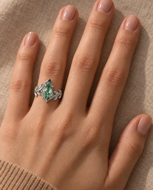 Kite-Cut Moss Agate Ring - worn on the hand