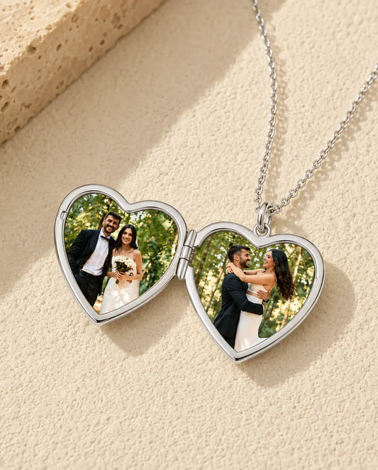 Personalised Photo Locket Necklace That Holds 2 Pictures - Love Script Heart Locket With Mother of Pearl Back, Silver or Gold