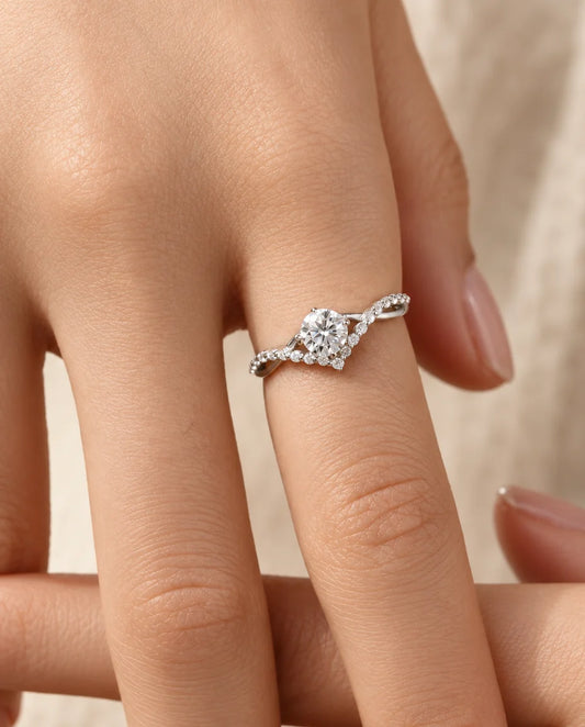 Moissanite Engagement Ring - worn on the hand