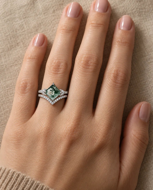 Princess-Cut Moss Agate Bridal Set - worn on the hand