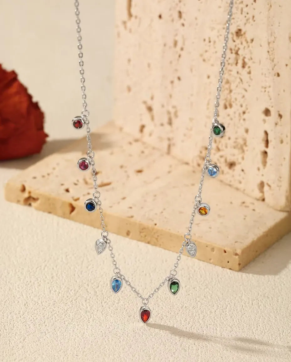 Colourful Charm Necklace in 925 Sterling Silver - Eleven Multicolour Cubic Zirconia Round and Teardrop Charms on a Fine Chain, Layering Necklace