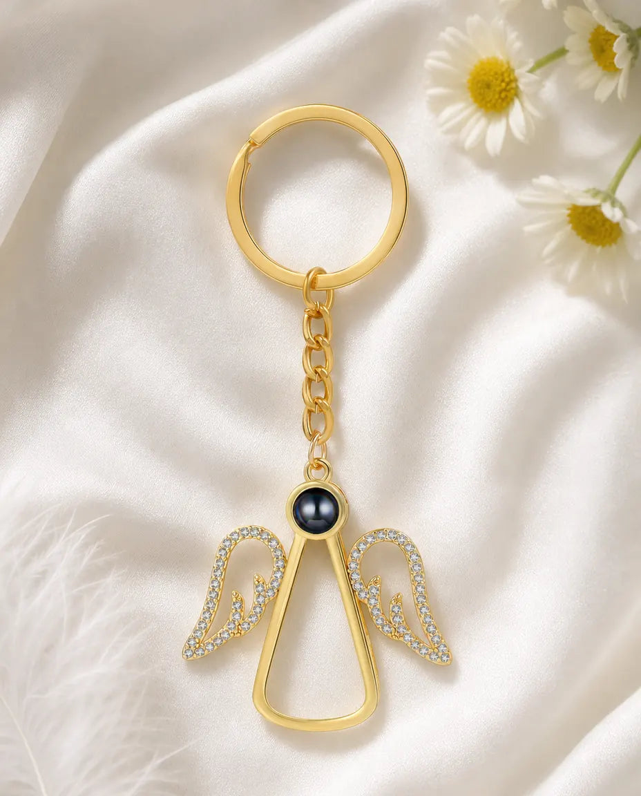 Gold guardian angel photo projection keyring on ivory silk