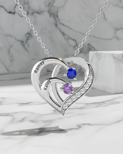 Personalised Birthstone Necklace – Engraved Sterling Silver Two Hearts Pendant for Her, Couples, Anniversary Gift