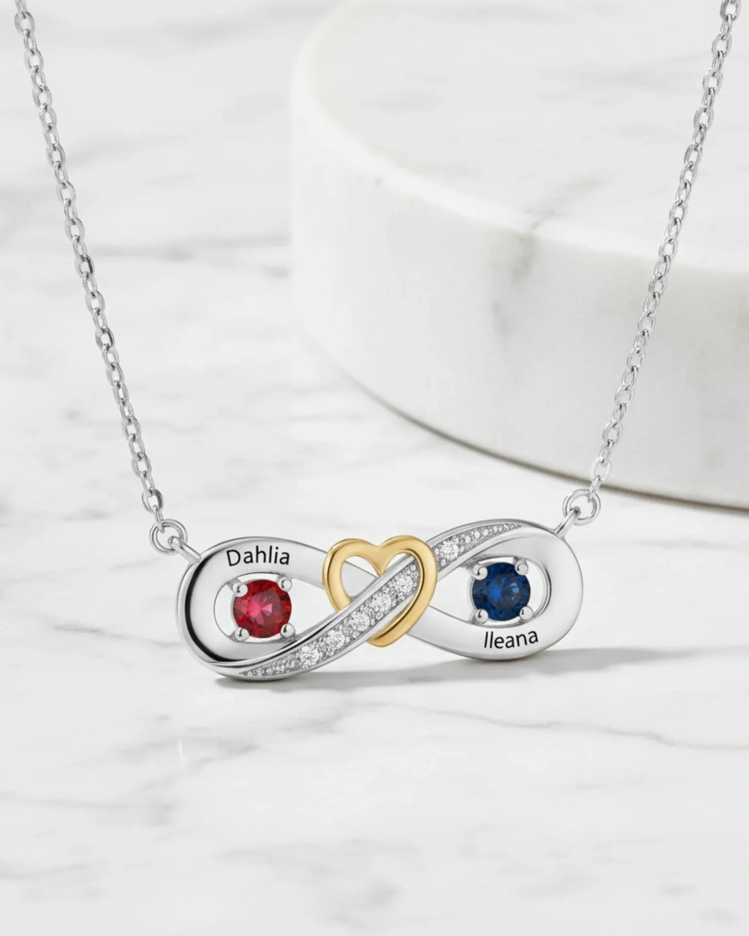 Sterling Silver Personalised Infinity Heart Birthstone Necklace with Engraved Names