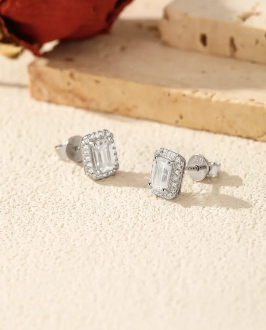 Emerald Cut Moissanite Jewellery Set in 925 Sterling Silver - Halo Pendant Necklace and Stud Earrings, 1 ct and 0.8 ct Centre Stones, Bridal Gift