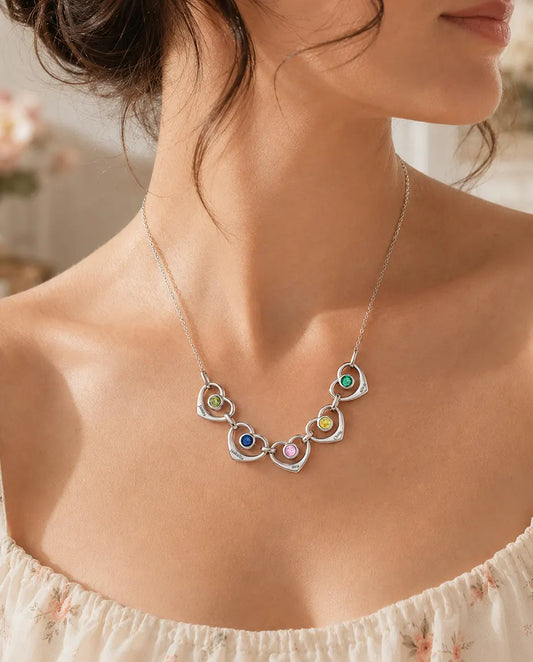 Personalised Family Birthstone Necklace With 1-6 Names - Linked Hearts With Simulated Birthstones, Silver