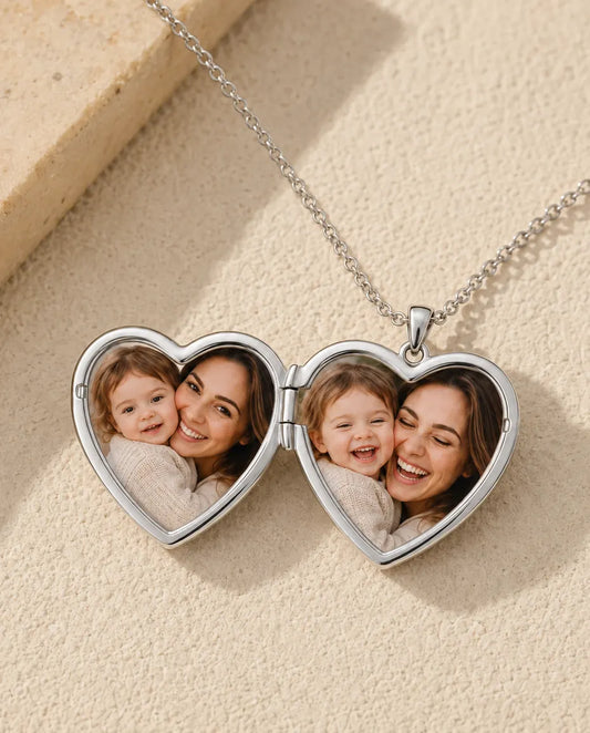 Personalised Photo Locket Necklace That Holds 2 Pictures - Floral Carved Heart Locket With Mother of Pearl Back, Silver or Gold