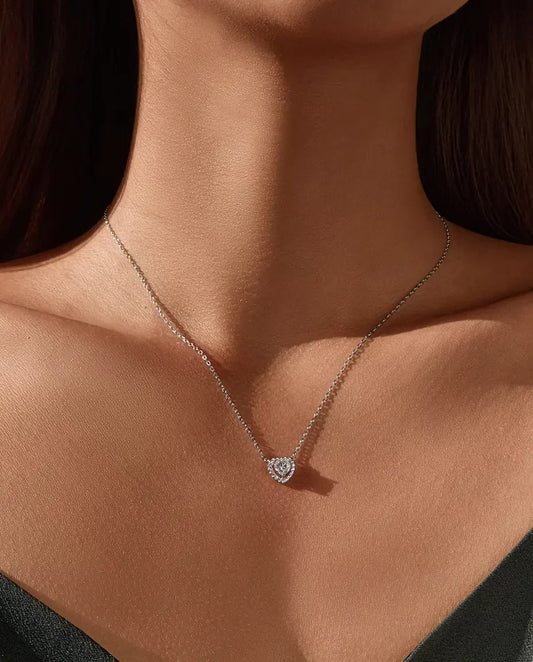 Heart Moissanite Jewellery Set in 925 Sterling Silver - necklace worn on a model