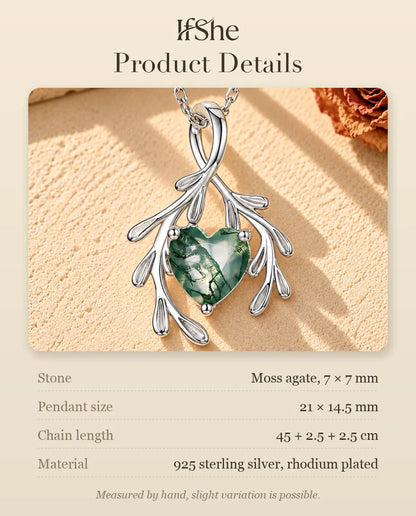 Heart Moss Agate Branch Necklace in 925 Sterling Silver - product details with stones, pendant size, chain length and material