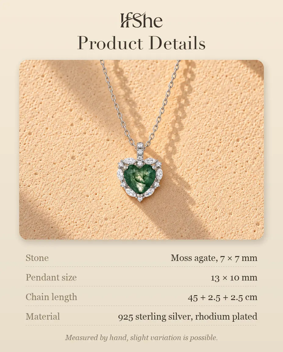 Heart Moss Agate Halo Necklace in 925 Sterling Silver - product details with stones, pendant size, chain length and material