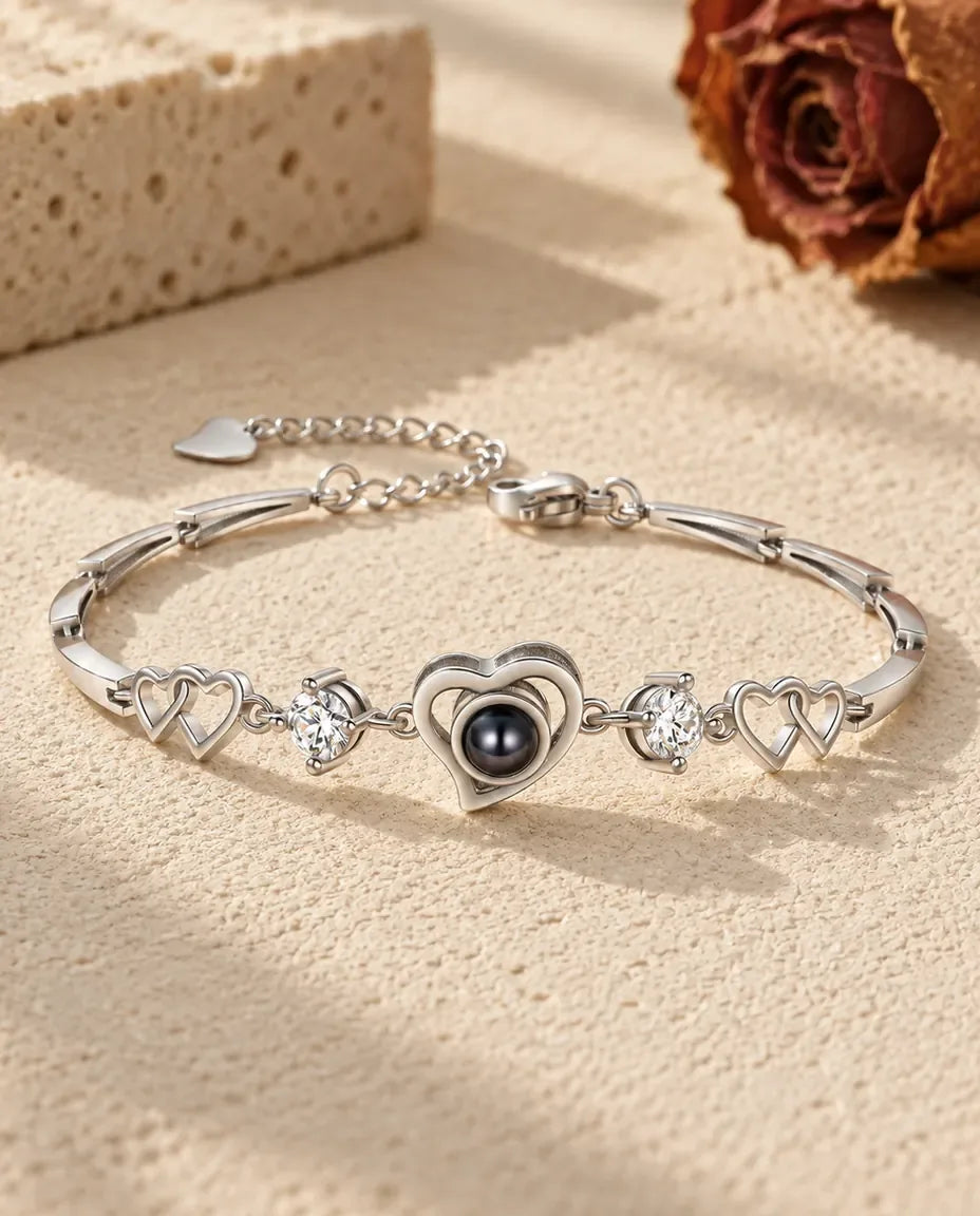 Heart Photo Projection Bracelet - front view in silver