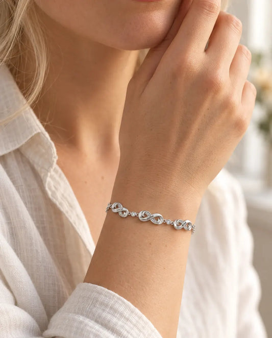 Personalised Infinity Name Bracelet With 1-5 Names - Engraved Infinity Charms With Cubic Zirconia, Family or Couples Gift, Silver