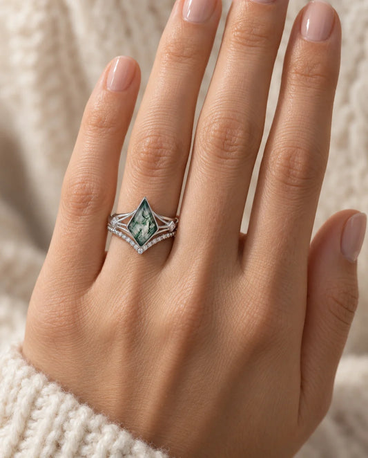 Kite Moss Agate Ring Set - worn on the hand