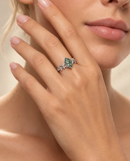 Marquise Moss Agate Ring in 925 Sterling Silver - Vine and Leaf Engagement Ring With Cubic Zirconia Accents, Nature Inspired Gift for Her