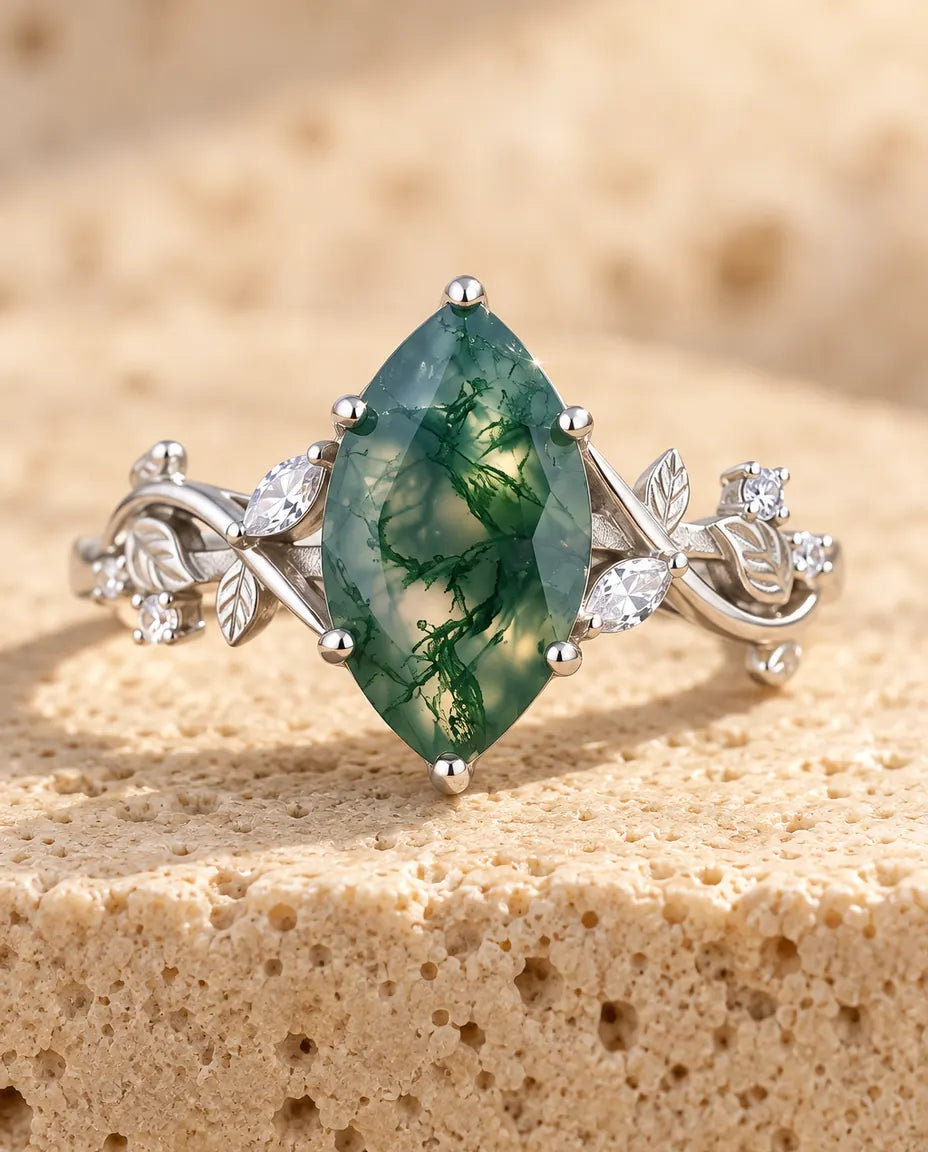 Marquise Moss Agate Ring in 925 Sterling Silver - Vine and Leaf Engagement Ring With Cubic Zirconia Accents, Nature Inspired Gift for Her