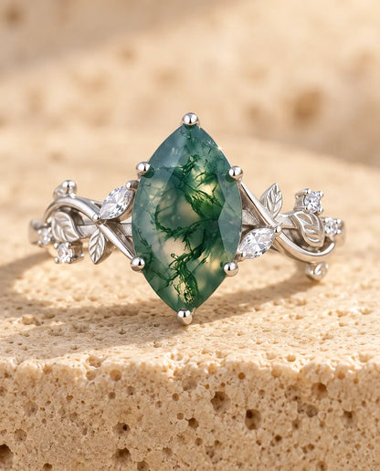 Marquise Moss Agate Ring in 925 Sterling Silver - Vine and Leaf Engagement Ring With Cubic Zirconia Accents, Nature Inspired Gift for Her