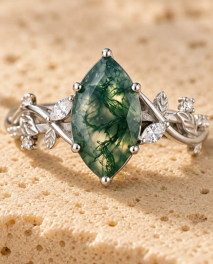 Marquise Moss Agate Ring in 925 Sterling Silver - Vine and Leaf Engagement Ring With Cubic Zirconia Accents, Nature Inspired Gift for Her