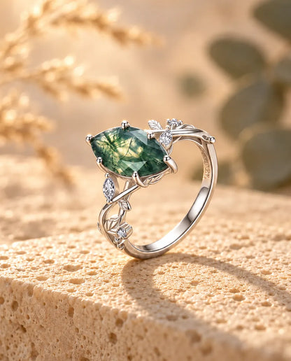 Marquise Moss Agate Ring in 925 Sterling Silver - Vine and Leaf Engagement Ring With Cubic Zirconia Accents, Nature Inspired Gift for Her