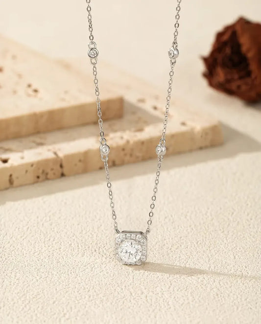 Moissanite Necklace for Women - 1 Carat D Colour VVS1 Cushion Halo Pendant on Zirconia Station Chain, 925 Sterling Silver