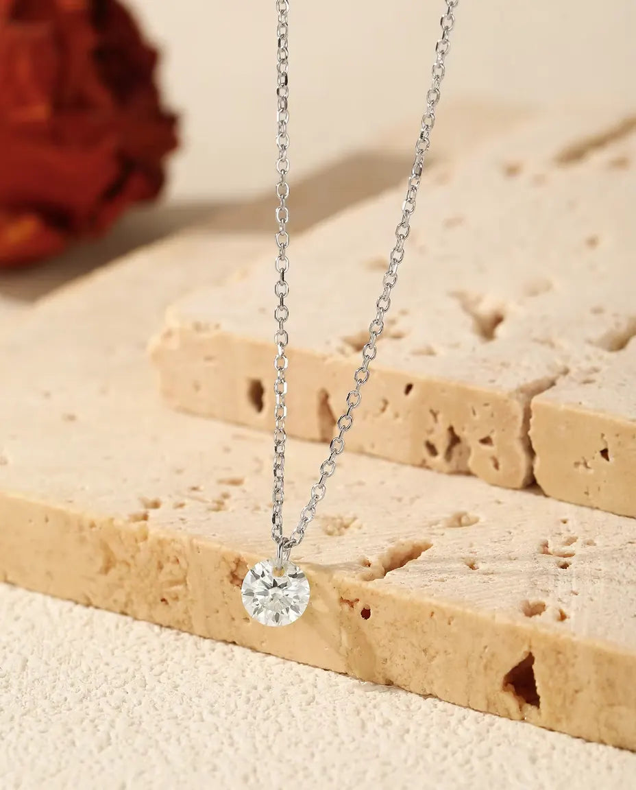 Moissanite Solitaire Necklace in 925 Sterling Silver - Round Brilliant Pendant in 0.1, 0.3 or 0.5 Carat, Dainty Everyday Necklace Gift for Her