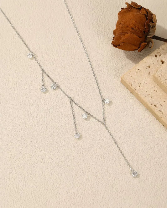 Moissanite Station Necklace - Seven 0.30 ct 4 mm Round Stones on a Staggered Chain, 925 Sterling Silver