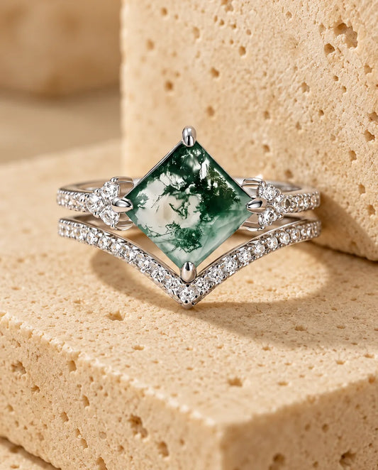 Princess-Cut Moss Agate Bridal Set - the complete set