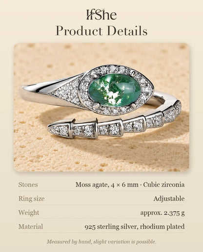 Moss Agate Snake Ring in 925 Sterling Silver - product details with stone size, weight and material
