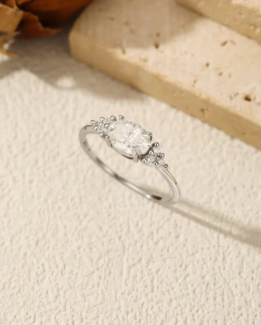 Oval Moissanite Engagement Ring - 1 Carat D Colour VVS Solitaire in 925 Sterling Silver, Zirconia Side Clusters, Sizes 5-9