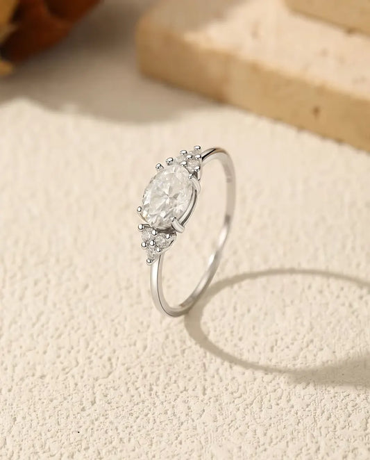 Oval Moissanite Engagement Ring - 1 Carat D Colour VVS Solitaire in 925 Sterling Silver, Zirconia Side Clusters, Sizes 5-9