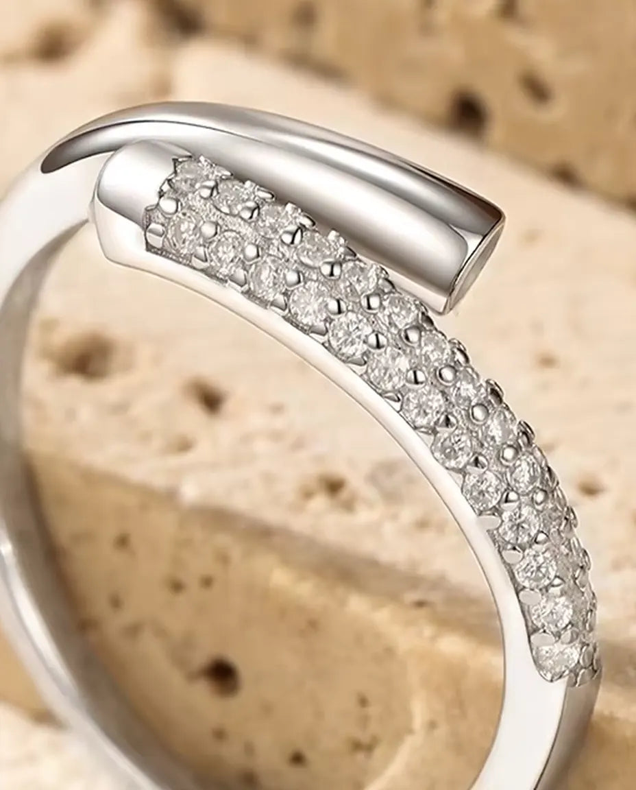 Pave Moissanite Bypass Ring in 925 Sterling Silver - close-up of the two rows of moissanite