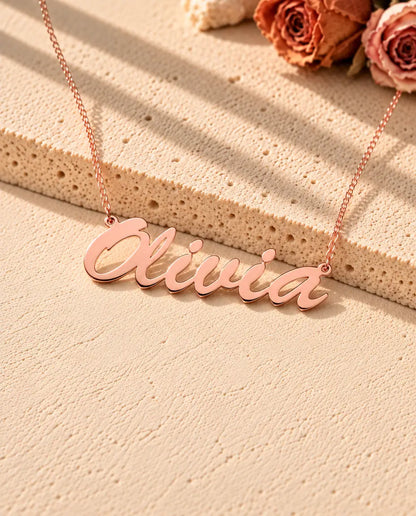 Personalised Brush Script Name Necklace in 925 Sterling Silver - Custom Nameplate - in rose gold finish