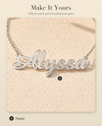 Personalised Script Name Necklace in 925 Sterling Silver - Custom Calligraphy Nameplate - personalisation guide: where your name goes