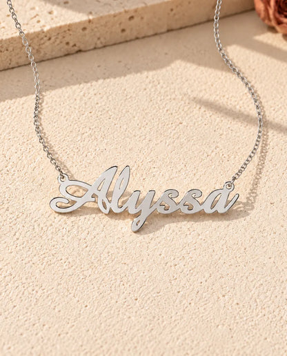 Personalised Script Name Necklace in 925 Sterling Silver - Custom Calligraphy Nameplate - front view in silver