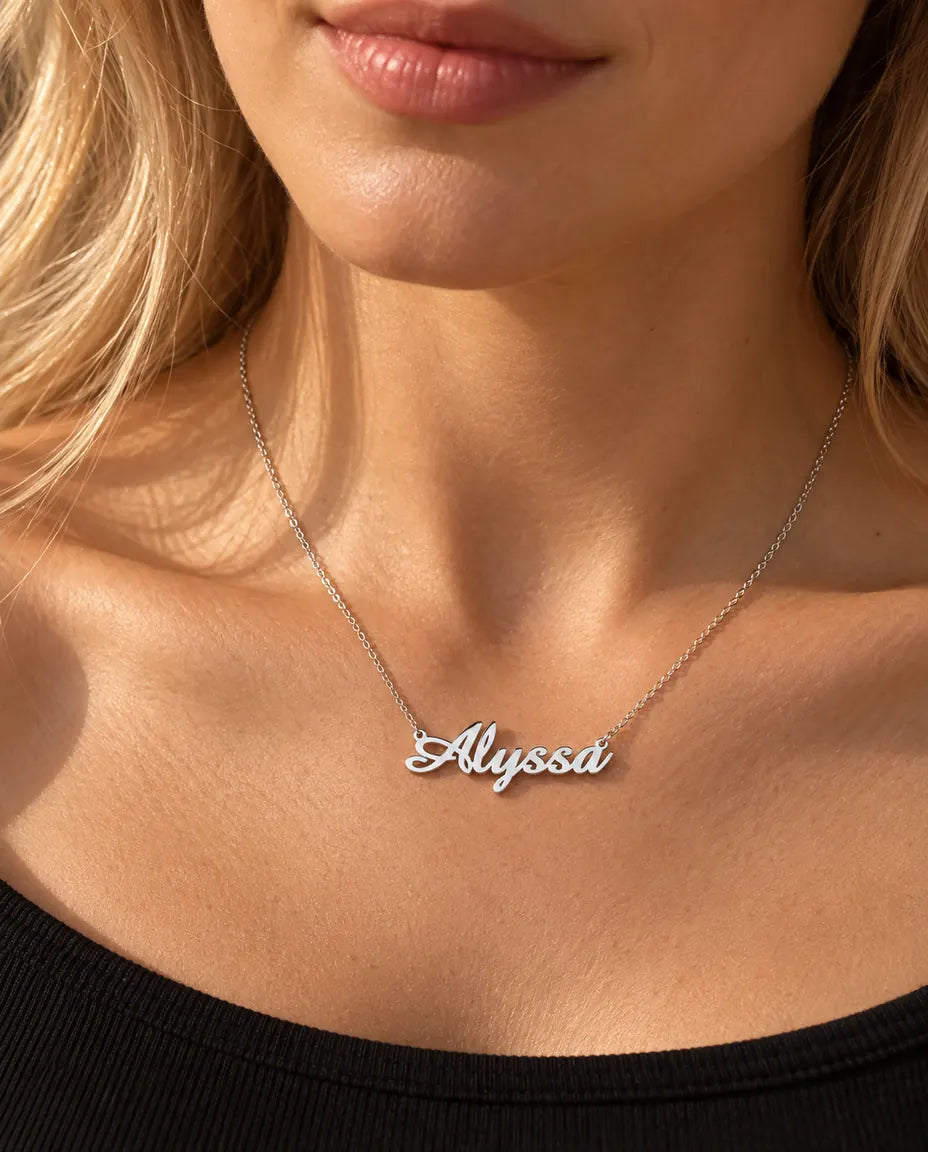 Personalised Script Name Necklace in 925 Sterling Silver - Custom Calligraphy Nameplate - worn on a model
