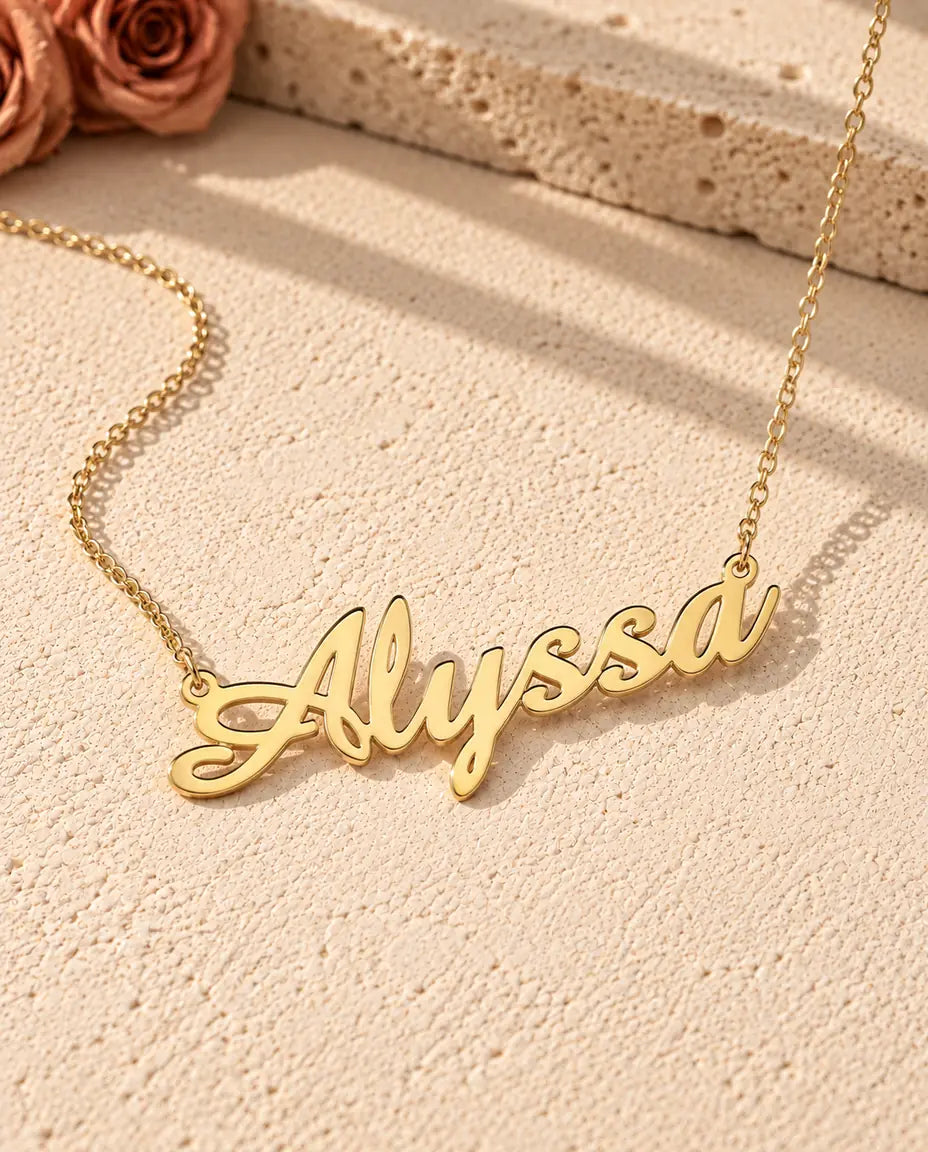 Personalised Script Name Necklace in 925 Sterling Silver - Custom Calligraphy Nameplate - in gold finish