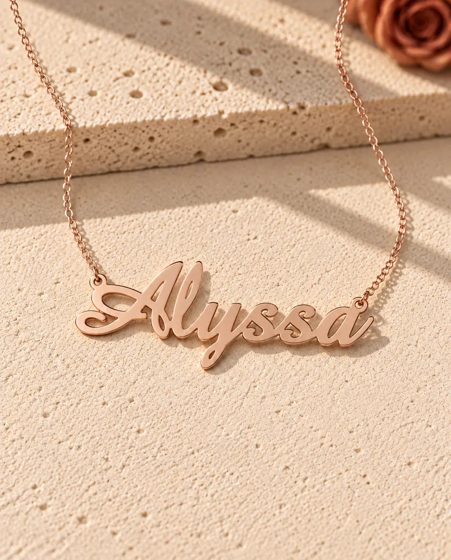 Personalised Script Name Necklace in 925 Sterling Silver - Custom Calligraphy Nameplate - in rose gold finish