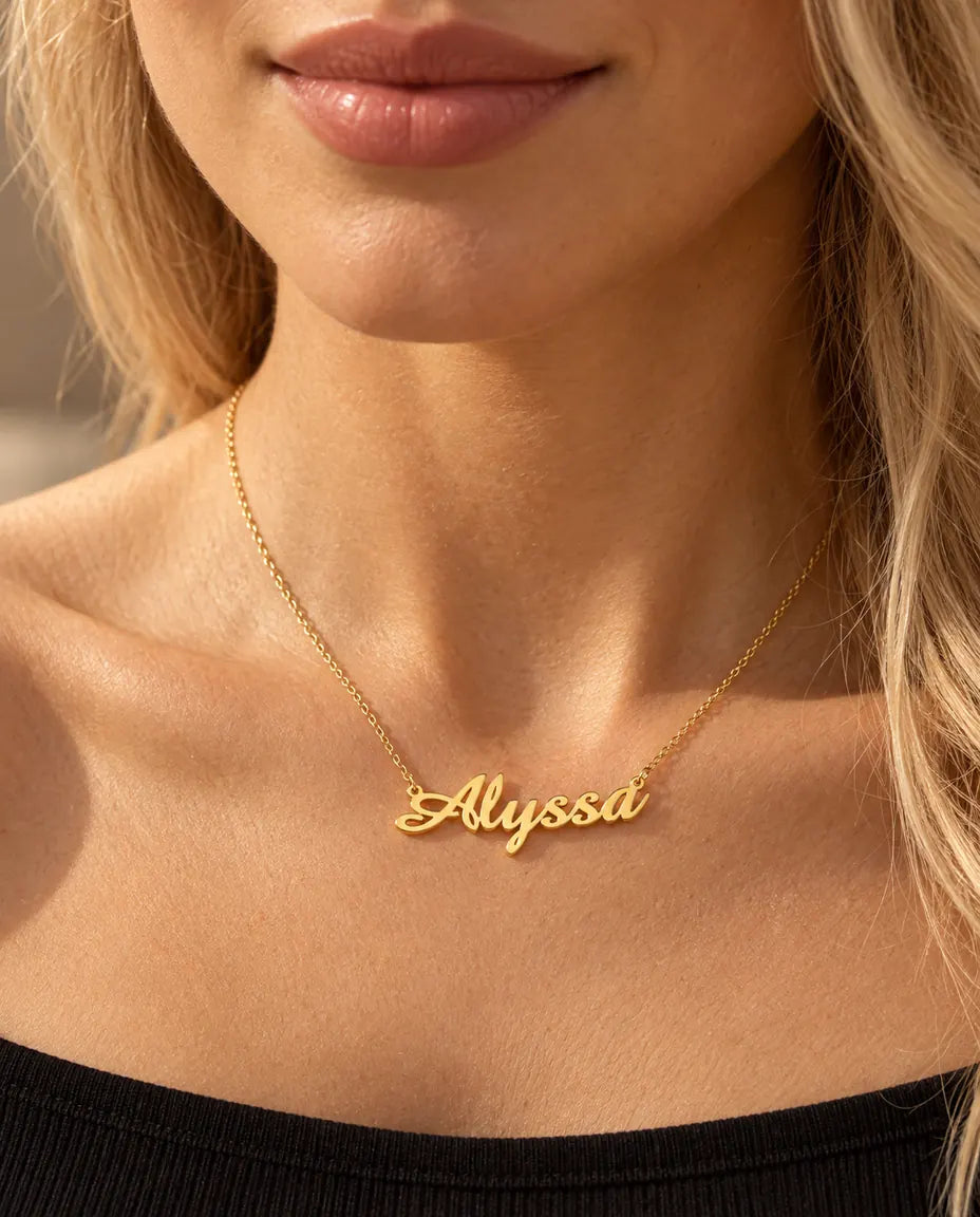 Personalised Script Name Necklace in 925 Sterling Silver - Custom Calligraphy Nameplate - worn on a model in gold