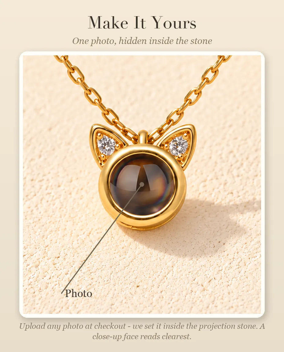 Personalisation guide showing where your photo goes inside the projection stone of the cat ear necklace