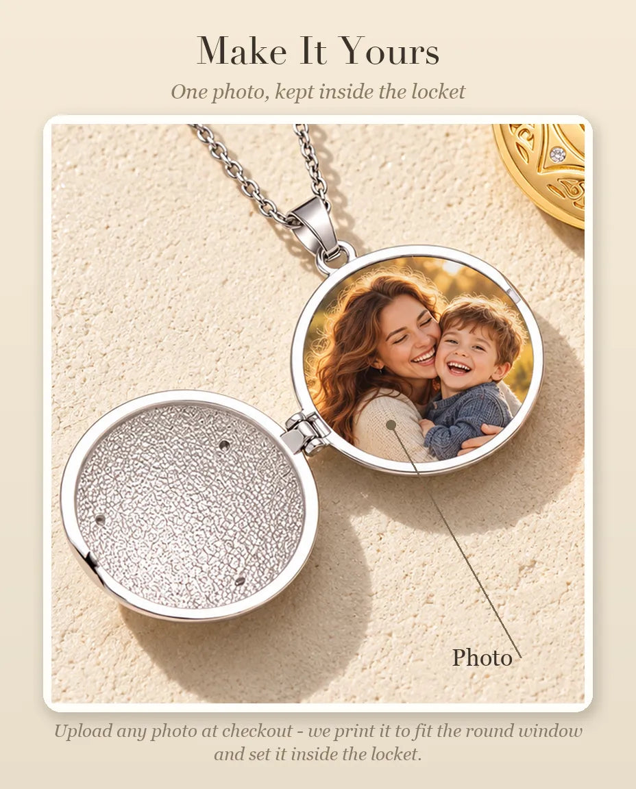 Personalisation guide showing where your photo goes inside the round Celtic knot locket