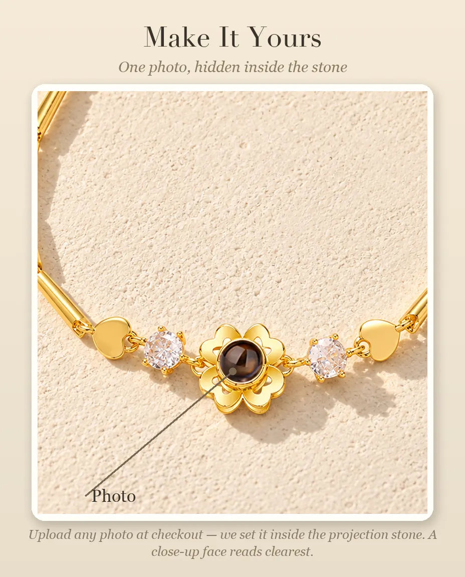 Personalisation guide showing where your photo goes inside the clover flower projection stone