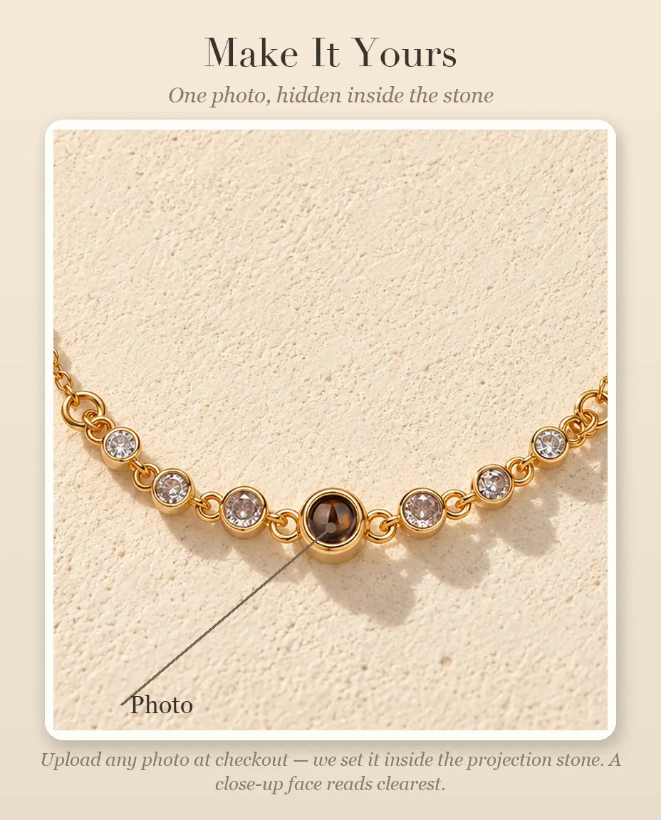 Personalisation guide showing where your photo goes inside the projection stone of the stone row bracelet