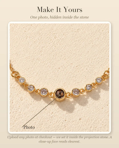 Personalisation guide showing where your photo goes inside the projection stone of the stone row bracelet