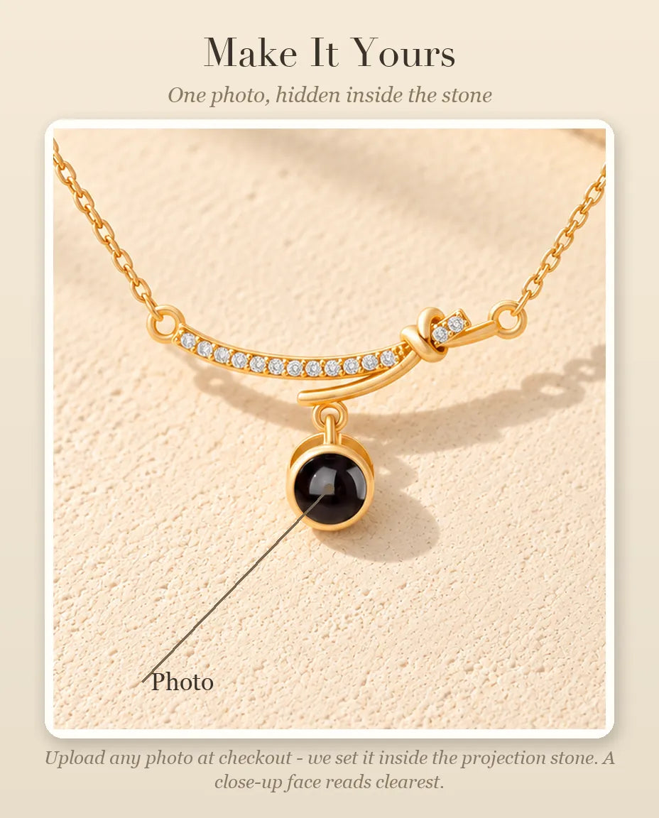 Personalisation guide showing where your photo goes inside the projection stone of the curved bar necklace