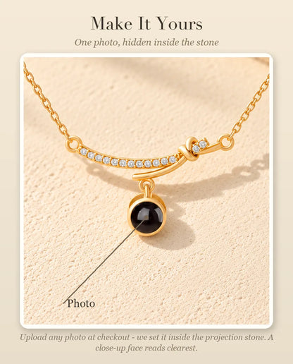 Personalisation guide showing where your photo goes inside the projection stone of the curved bar necklace